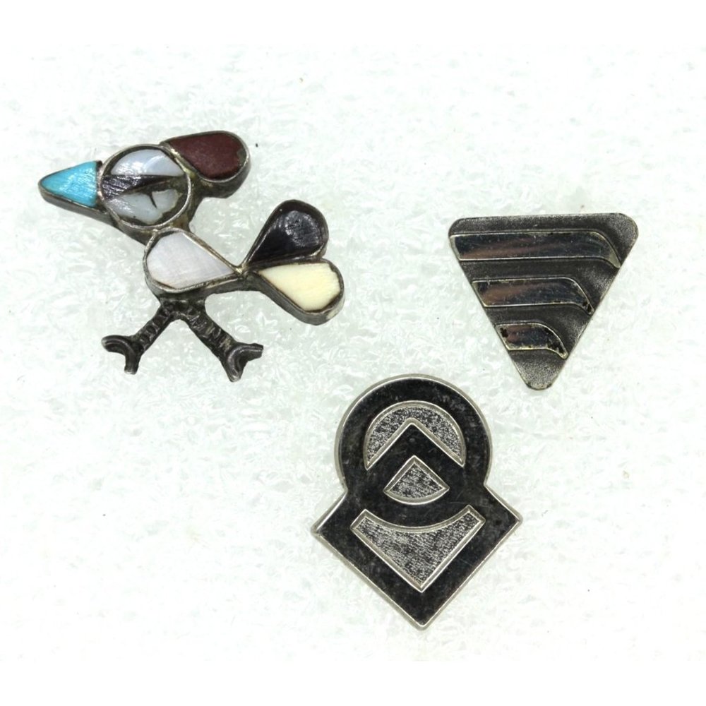 925 STERLING lot of 3 TIE TACKS Peyote bird, Jostens geometric style VINTAGE